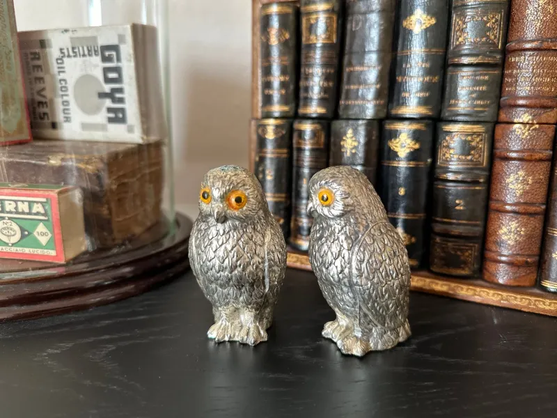 Pamono Italian Owl Shaped Salt and Pepper Shakers with Glass Eyes, 1970s, Set of 2> Salt & Pepper Shakers