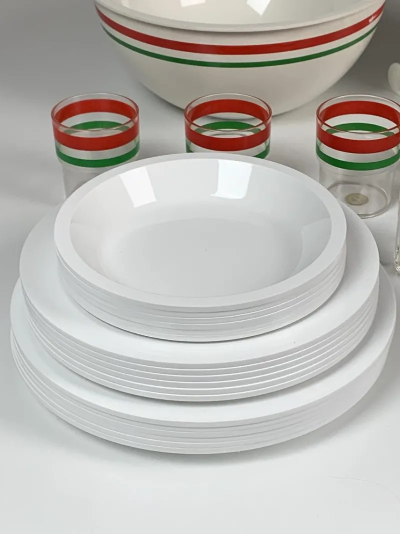 Pamono Italian Picnic Set by Carlo Viglino for Guzzini, 1960s, Set of 28> Dinner Plates & Bowls