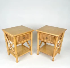 Pamono Italian Rattan Bedside Tables in Bamboo and Wood, 1980s><noscript><img width=
