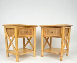 Pamono Italian Rattan Bedside Tables in Bamboo and Wood, 1980s><noscript><img width=