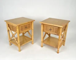 Pamono Italian Rattan Bedside Tables in Bamboo and Wood, 1980s><noscript><img width=
