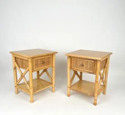 Pamono Italian Rattan Bedside Tables in Bamboo and Wood, 1980s><noscript><img width=