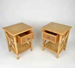 Pamono Italian Rattan Bedside Tables in Bamboo and Wood, 1980s><noscript><img width=