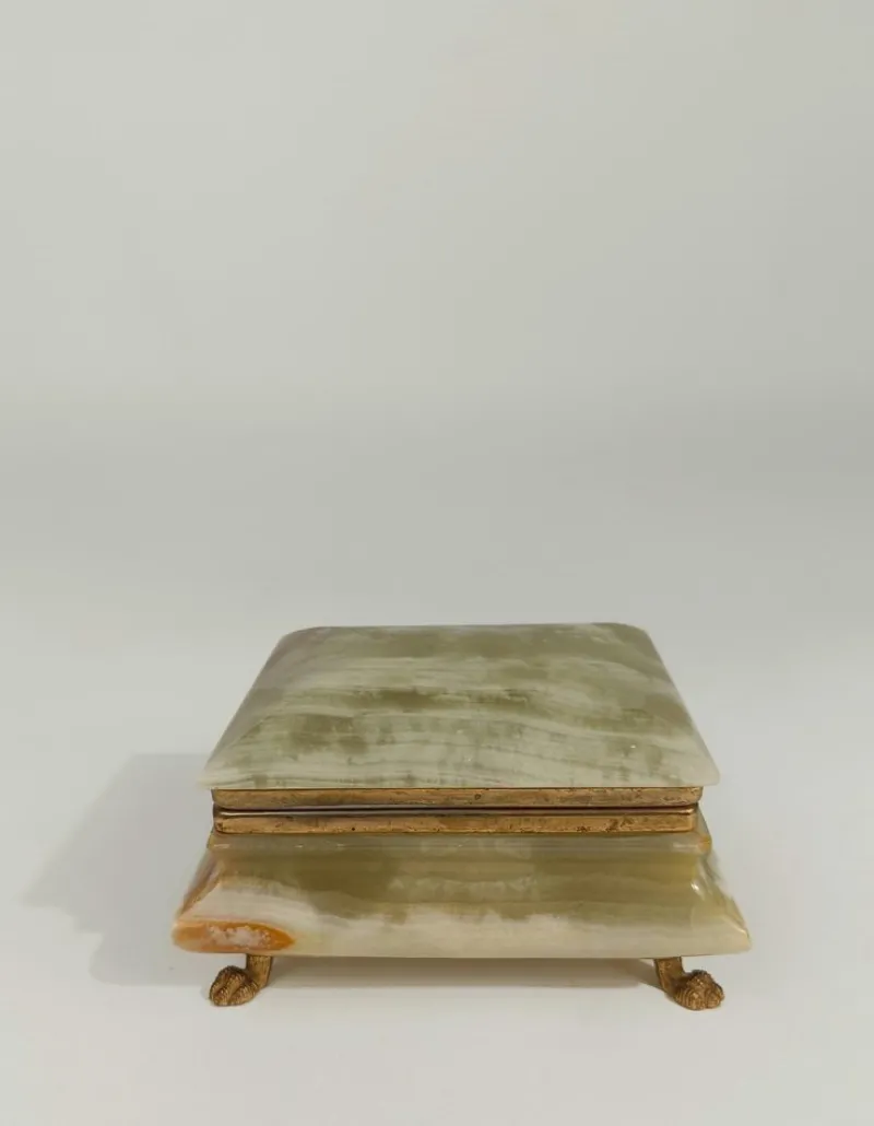 Pamono Italian Rectangular Green Onyx Marble Box with Gilded Feet, 1950s> Trunks Crates & Baskets