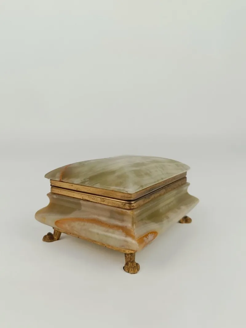 Pamono Italian Rectangular Green Onyx Marble Box with Gilded Feet, 1950s> Trunks Crates & Baskets