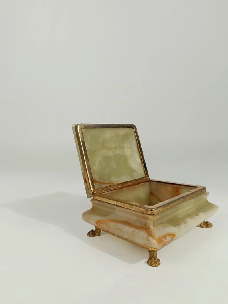 Pamono Italian Rectangular Green Onyx Marble Box with Gilded Feet, 1950s> Trunks Crates & Baskets