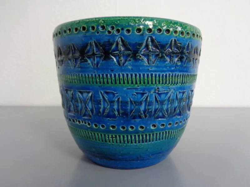 Pamono Italian Rimini Blue Ceramic Cachepot by Aldo Londi for Bitossi, 1960s> Planters And Jardiniere
