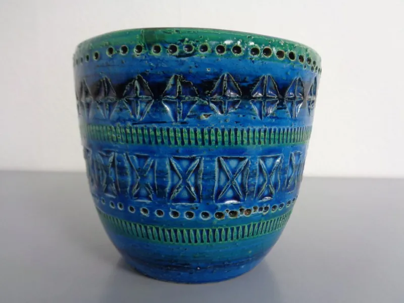 Pamono Italian Rimini Blue Ceramic Cachepot by Aldo Londi for Bitossi, 1960s> Planters And Jardiniere