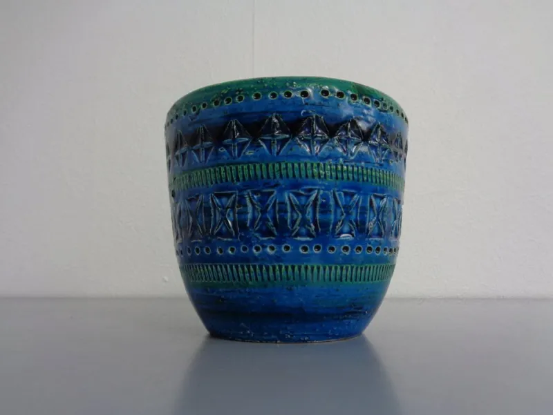 Pamono Italian Rimini Blue Ceramic Cachepot by Aldo Londi for Bitossi, 1960s> Planters And Jardiniere