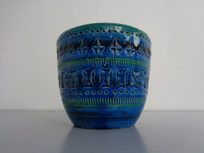 Pamono Italian Rimini Blue Ceramic Cachepot by Aldo Londi for Bitossi, 1960s> Planters And Jardiniere