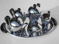 Hot Pamono Italian Silver Metal Tea and Coffee Set by Bombè Carlo Alessi, 1945, Set of 6