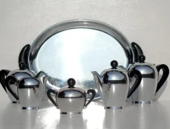 Hot Pamono Italian Silver Metal Tea and Coffee Set by Bombè Carlo Alessi, 1945, Set of 6