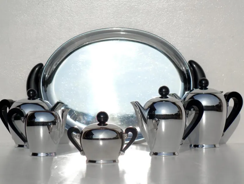 Hot Pamono Italian Silver Metal Tea and Coffee Set by Bombè Carlo Alessi, 1945, Set of 6