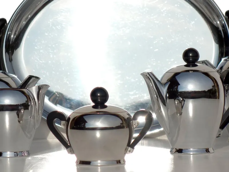 Hot Pamono Italian Silver Metal Tea and Coffee Set by Bombè Carlo Alessi, 1945, Set of 6
