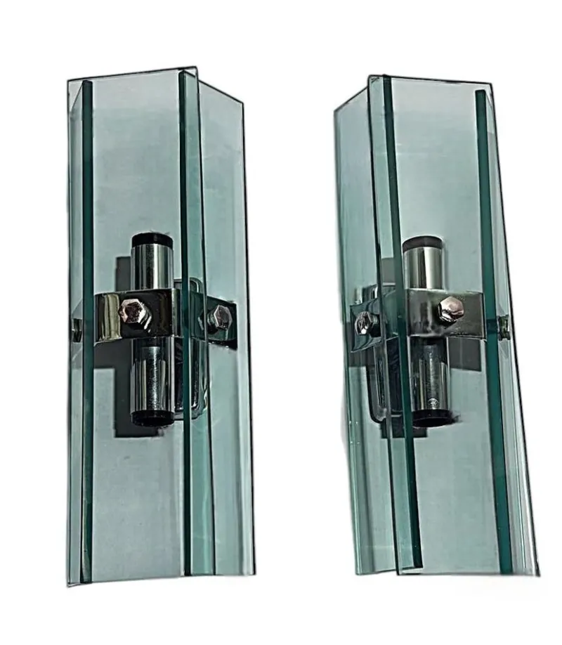 New Pamono Italian Space Age Wall Sconces in Chrome Metal and Tempered Crystal, 1970s, Set of 2