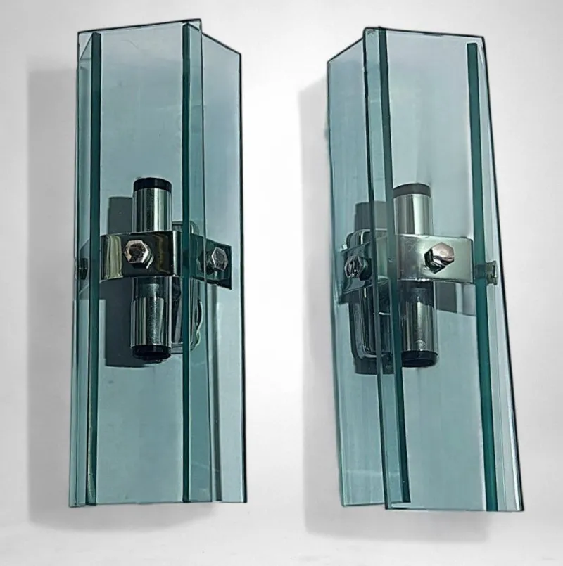New Pamono Italian Space Age Wall Sconces in Chrome Metal and Tempered Crystal, 1970s, Set of 2