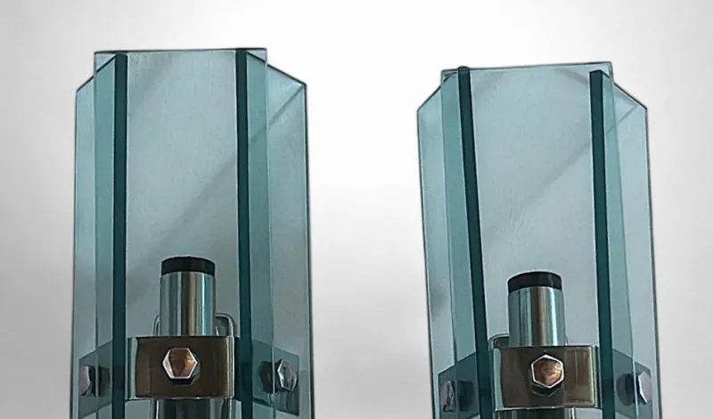New Pamono Italian Space Age Wall Sconces in Chrome Metal and Tempered Crystal, 1970s, Set of 2