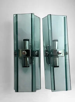 New Pamono Italian Space Age Wall Sconces in Chrome Metal and Tempered Crystal, 1970s, Set of 2