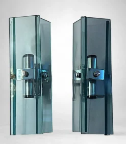 New Pamono Italian Space Age Wall Sconces in Chrome Metal and Tempered Crystal, 1970s, Set of 2