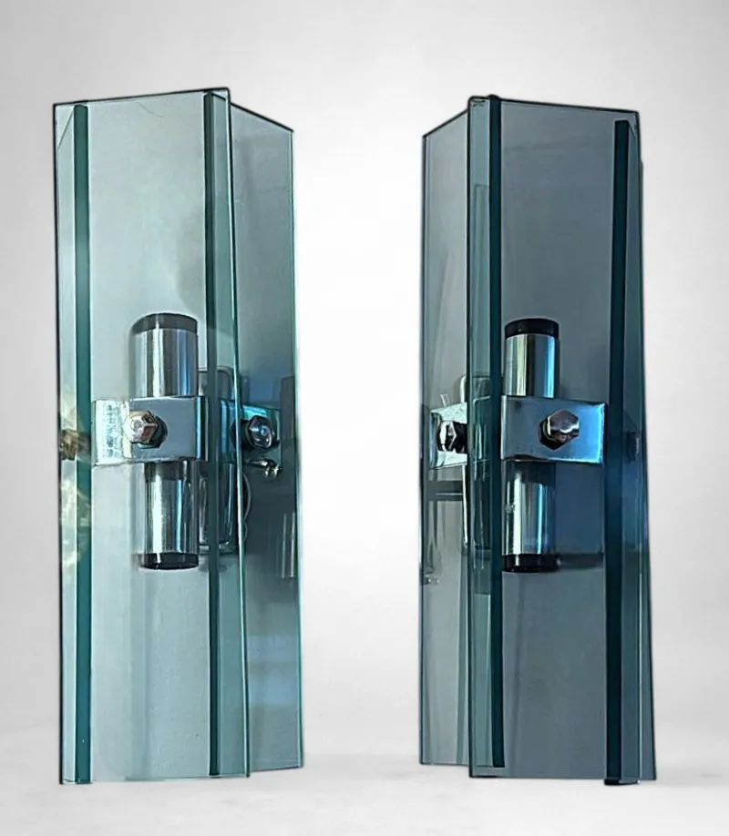 New Pamono Italian Space Age Wall Sconces in Chrome Metal and Tempered Crystal, 1970s, Set of 2
