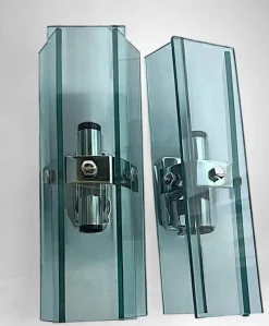 New Pamono Italian Space Age Wall Sconces in Chrome Metal and Tempered Crystal, 1970s, Set of 2