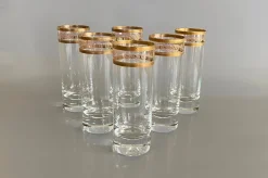 Pamono Italian Tall Tumbler-Shaped Crystal Glasses with Gold Rims and Scrollwork Motifs from Cellini, Italy, 1970s, Set of 6> Glassware