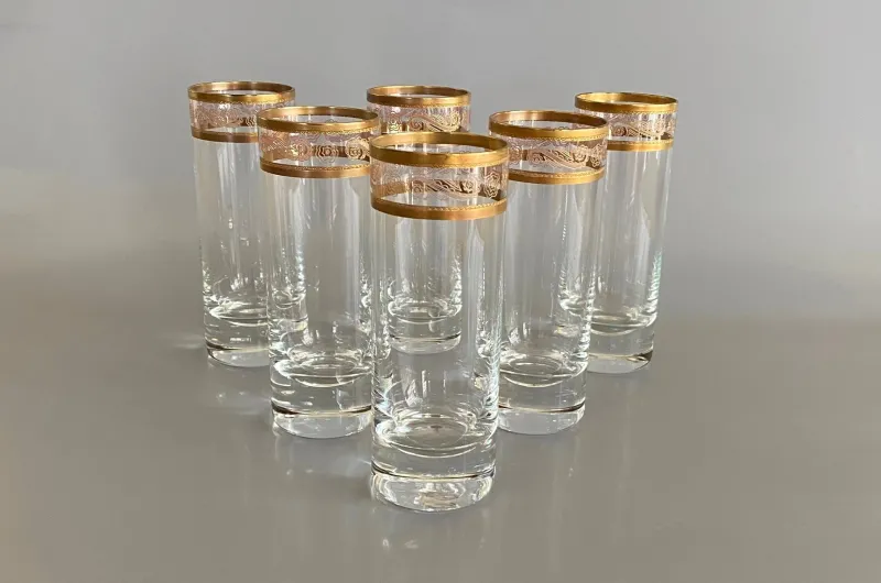 Pamono Italian Tall Tumbler-Shaped Crystal Glasses with Gold Rims and Scrollwork Motifs from Cellini, Italy, 1970s, Set of 6> Glassware