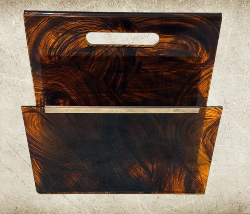 Pamono Italian Tortoiseshell Acrylic Glass and Brass Magazine Rack, 1975> Magazine Racks