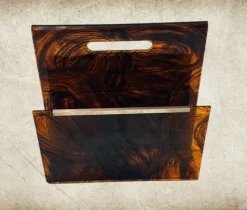 Pamono Italian Tortoiseshell Acrylic Glass and Brass Magazine Rack, 1975><noscript><img width=