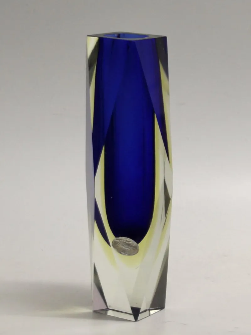 Pamono Italian Two-Tone Blue & Yellow Sommerso Murano Glass Vase, 1960s or 1970s> Vases