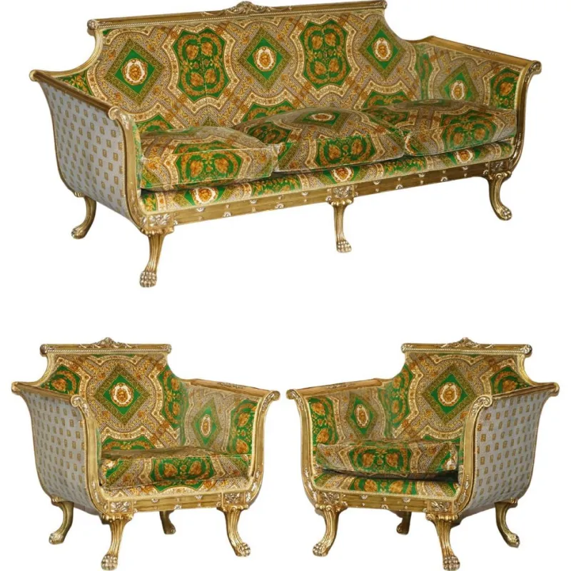 Pamono Italian Versace Silk Velvet Upholstered & Giltwood Sofa and Armchairs, Set of 3> Living Room Sets