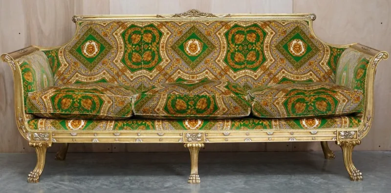 Pamono Italian Versace Silk Velvet Upholstered & Giltwood Sofa and Armchairs, Set of 3> Living Room Sets