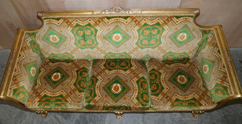 Pamono Italian Versace Silk Velvet Upholstered & Giltwood Sofa and Armchairs, Set of 3> Living Room Sets