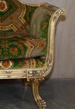 Pamono Italian Versace Silk Velvet Upholstered & Giltwood Sofa and Armchairs, Set of 3><noscript><img width=