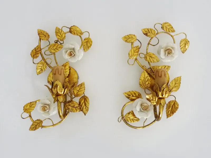 Best Pamono Italian Wall Lights with Gold Leaf and Rose Ceramic Foliage, 1970s, Set of 2