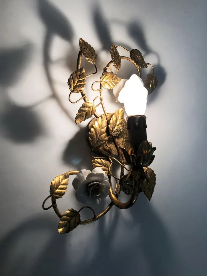 Best Pamono Italian Wall Lights with Gold Leaf and Rose Ceramic Foliage, 1970s, Set of 2
