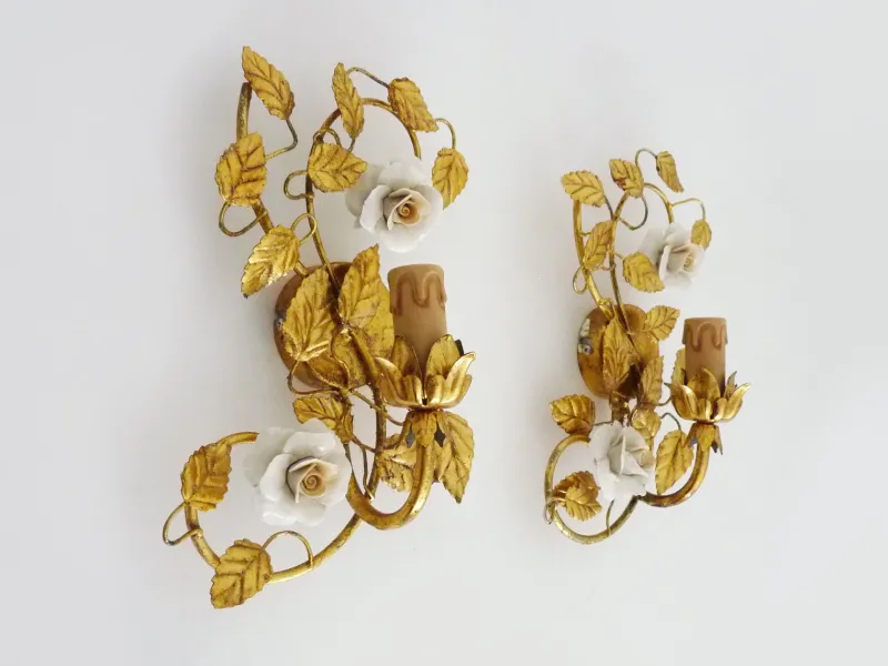 Best Pamono Italian Wall Lights with Gold Leaf and Rose Ceramic Foliage, 1970s, Set of 2