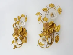 Best Pamono Italian Wall Lights with Gold Leaf and Rose Ceramic Foliage, 1970s, Set of 2