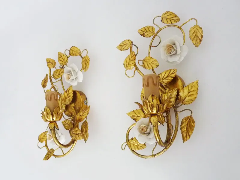 Best Pamono Italian Wall Lights with Gold Leaf and Rose Ceramic Foliage, 1970s, Set of 2