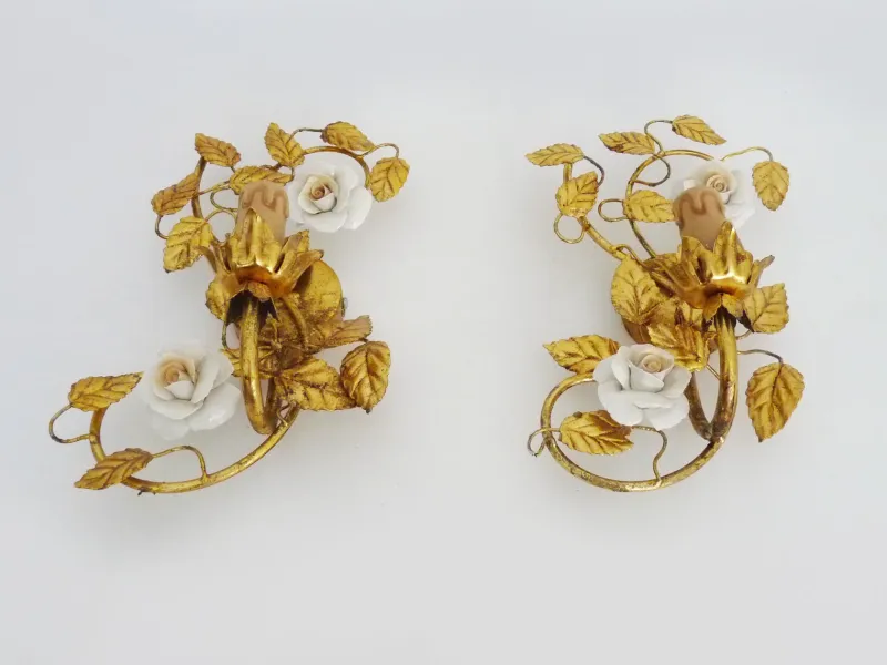 Best Pamono Italian Wall Lights with Gold Leaf and Rose Ceramic Foliage, 1970s, Set of 2