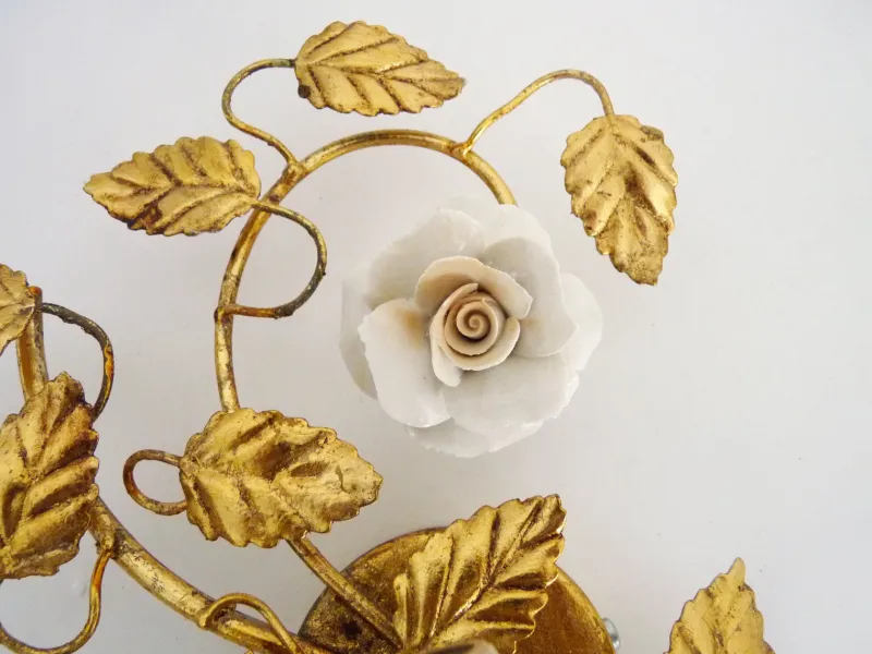 Best Pamono Italian Wall Lights with Gold Leaf and Rose Ceramic Foliage, 1970s, Set of 2