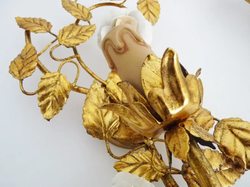 Best Pamono Italian Wall Lights with Gold Leaf and Rose Ceramic Foliage, 1970s, Set of 2