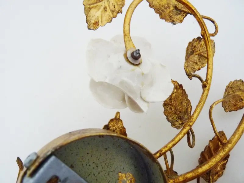 Best Pamono Italian Wall Lights with Gold Leaf and Rose Ceramic Foliage, 1970s, Set of 2