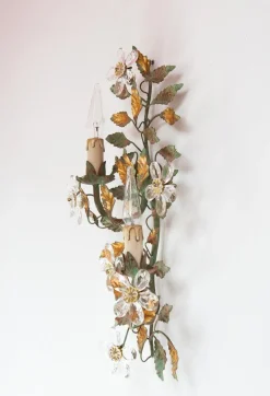 Pamono Italian Wall Sconce with Metal Leaves and Crystal Flowers, 1980s><noscript><img width=