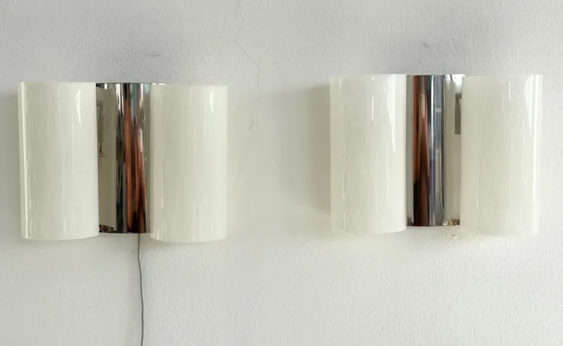 Clearance Pamono Italian Wall Sconces in Curved Plastic and Chrome, 1970s, Set of 2