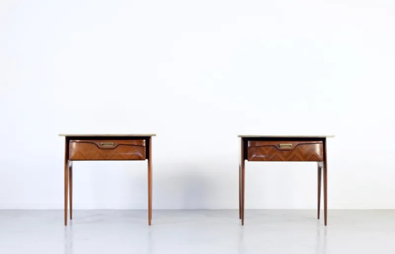 Pamono Italian Walnut and Carrara Marble Nightstands, 1960s, Set of 2