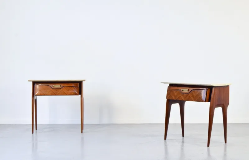 Pamono Italian Walnut and Carrara Marble Nightstands, 1960s, Set of 2