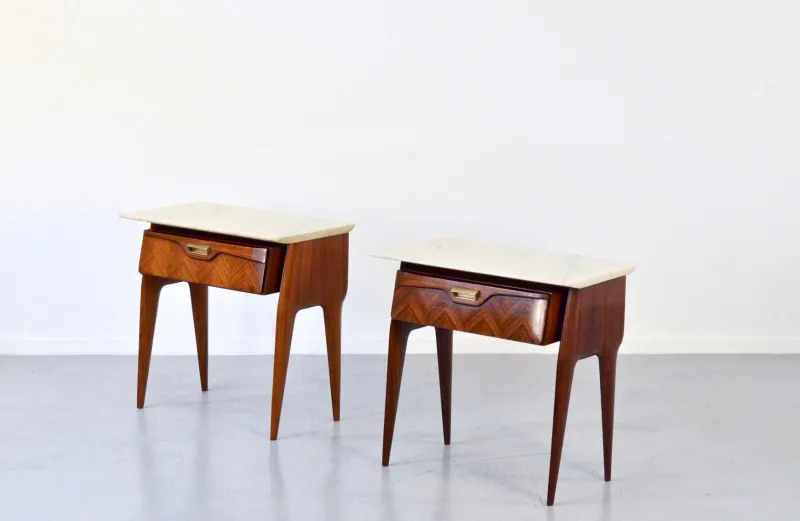 Pamono Italian Walnut and Carrara Marble Nightstands, 1960s, Set of 2