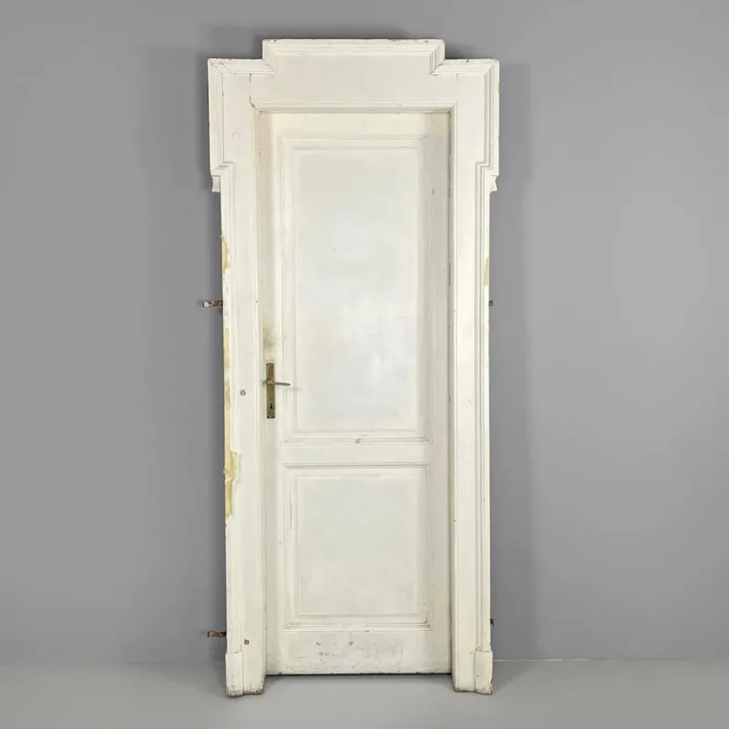 Pamono Italian White Painted Wood Door with Frame and Brass Handles, 1890s