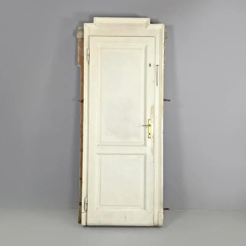 Pamono Italian White Painted Wood Door with Frame and Brass Handles, 1890s